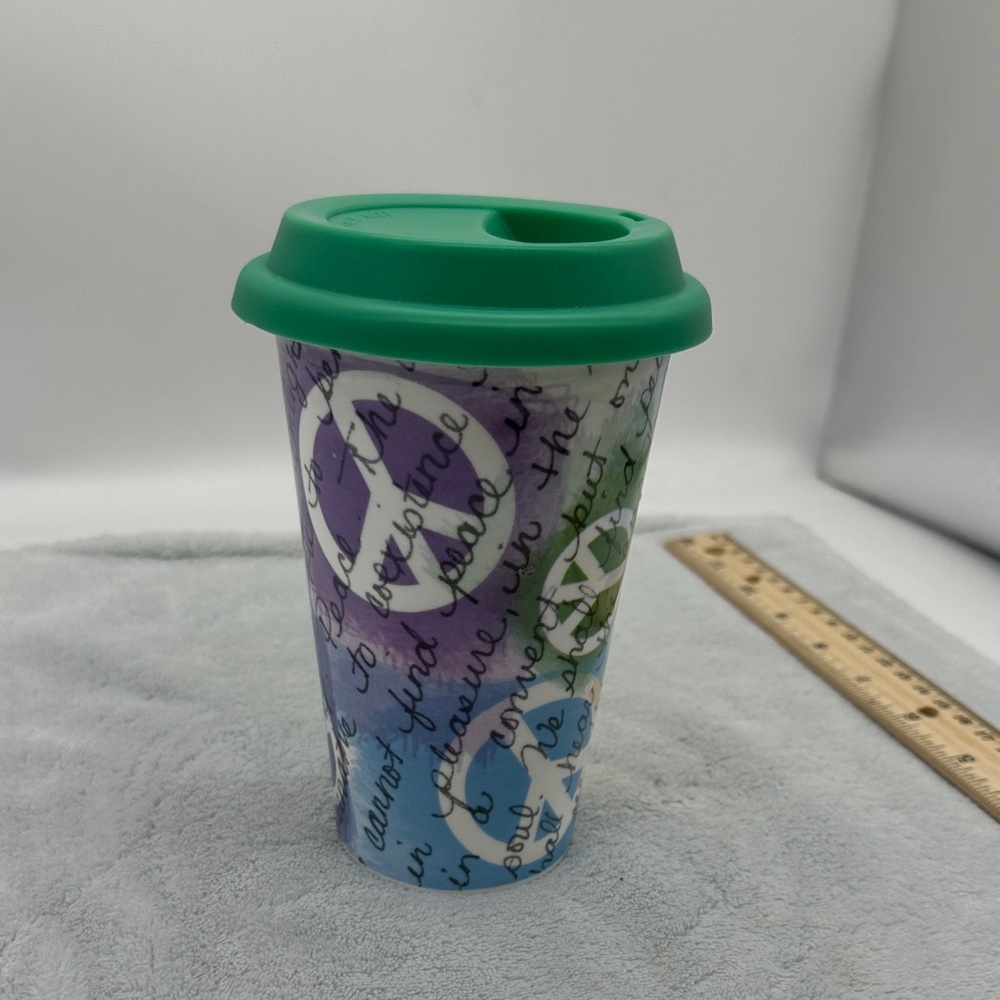 Ceramic Hot Coffee Travel Mug with Silicone Lid 8oz. PEACE THEMED